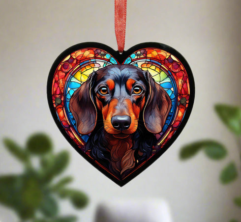 Dachshund Black Stained Glass Effect Heart Suncatcher